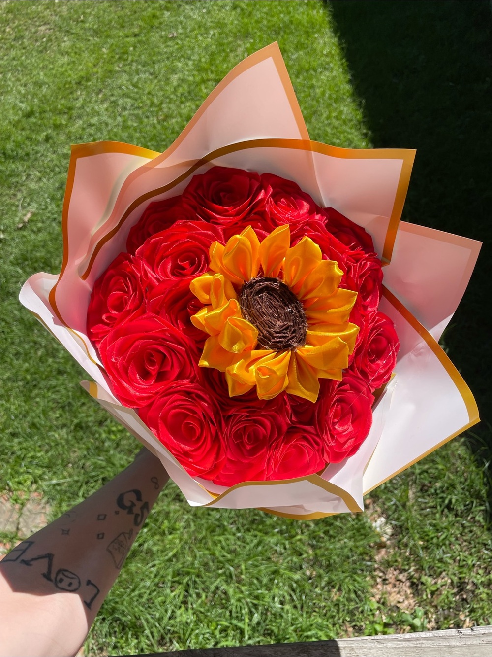 Source Unknown Red Rose and Yellow Sunflower Bouquet